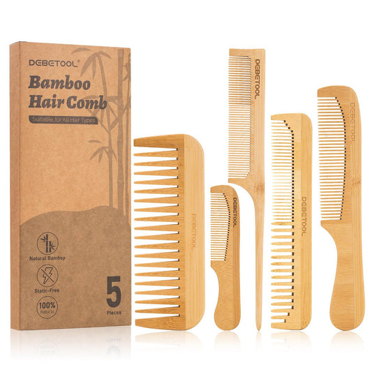 DEBETOOL 5-teiliges Bambuskamm-Set – Natürliche Holzkämme für Haarwachstum, antistatisch für lockiges/dickes Haar, tägliche Pflege