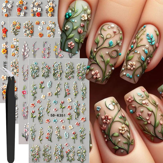 4 Blätter Elegante Frühlingsblumen-Nagelaufkleber für Nagelkunst, Grüne Weinblatt-Nagelaufkleber mit Pinzette, Bunte Blütenblätter, 5D-geprägte Herbst-Gänseblümchen-Floral-Nagelverzierungen für Frauen Nageldekoration