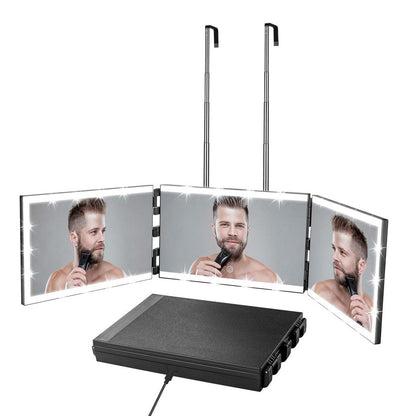 Vanexiss Aufladbarer 3-Wege-Spiegel für Selbsthaarschnitt – Rückseite des Kopfes sehen, Klappspiegel mit 8 Lichtleisten & Teleskophaken für Make-up, Rasieren & Styling