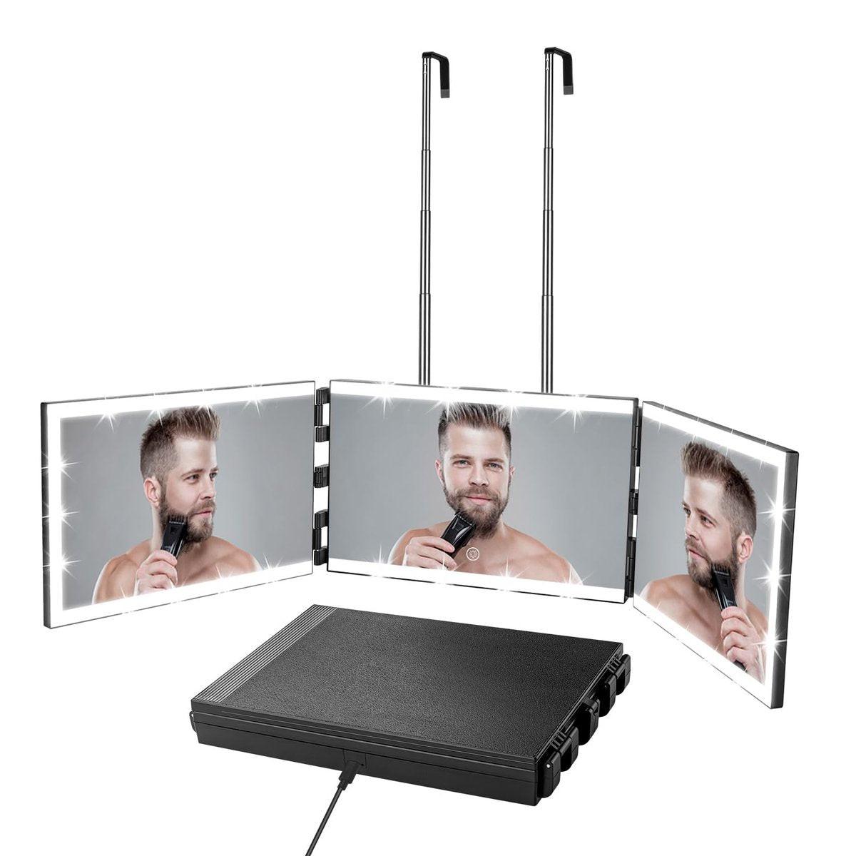 Vanexiss Aufladbarer 3-Wege-Spiegel für Selbsthaarschnitt – Rückseite des Kopfes sehen, Klappspiegel mit 8 Lichtleisten & Teleskophaken für Make-up, Rasieren & Styling