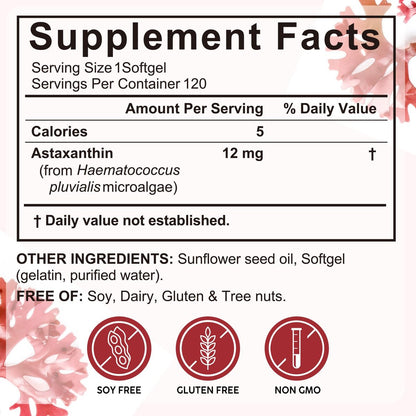 Rulviou Premium Astaxanthin 12 mg, 120 Weichkapseln – Natürliches Antioxidans für Augen-, Gelenk- und Hautgesundheit, Mikroalgenquelle, 4-Monats-Vorrat, Unterstützt die innere Zirkulation und natürliche Bräunung, Nicht-GVO