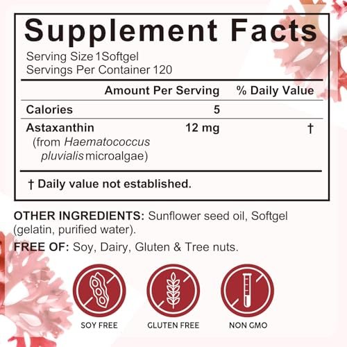 Rulviou Premium Astaxanthin 12 mg, 120 Weichkapseln – Natürliches Antioxidans für Augen-, Gelenk- und Hautgesundheit, Mikroalgenquelle, 4-Monats-Vorrat, Unterstützt die innere Zirkulation und natürliche Bräunung, Nicht-GVO