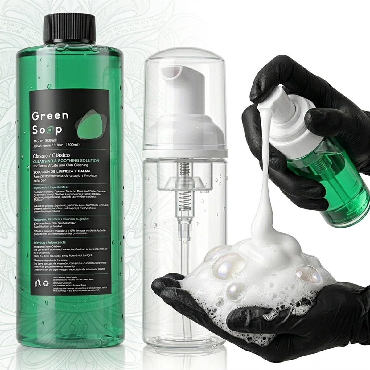 Rayyl Tattoo Green Soap 16.9OZ 100% Ultra Konzentriert & 7OZ Schaumflasche Set – Vegane Tätowierseife, professioneller Hautreiniger für Tattoos & Piercings, Reisefreundliches Wertpaket