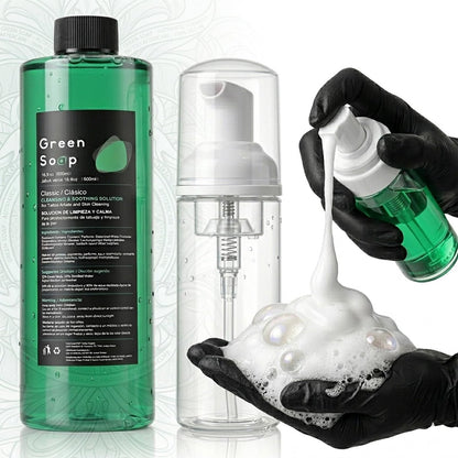 Rayyl Tattoo Green Soap 16.9OZ 100% Ultra Konzentriert & 7OZ Schaumflasche Set – Vegane Tätowierseife, professioneller Hautreiniger für Tattoos & Piercings, Reisefreundliches Wertpaket