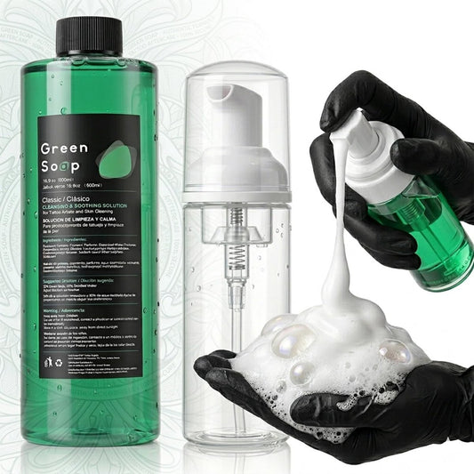 Rayyl Tattoo Green Soap 16.9OZ 100% Ultra Konzentriert & 7OZ Schaumflasche Set – Vegane Tätowierseife, professioneller Hautreiniger für Tattoos & Piercings, Reisefreundliches Wertpaket