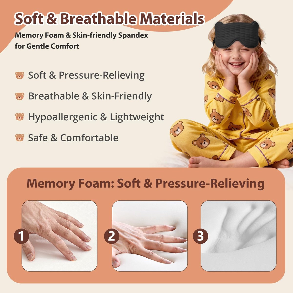 Kinder Schlafmaske, 3D Schlafaugenmaske für Kinder mit verstellbarem elastischen Band, Bärenform Augenabdeckung mit Memory-Schaum, weich & lichtblockierend, Geschenk für Jungen Mädchen Teenager Alter 5–15 (Schwarz)