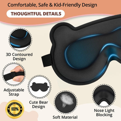 Kinder Schlafmaske, 3D Schlafaugenmaske für Kinder mit verstellbarem elastischen Band, Bärenform Augenabdeckung mit Memory-Schaum, weich & lichtblockierend, Geschenk für Jungen Mädchen Teenager Alter 5–15 (Schwarz)