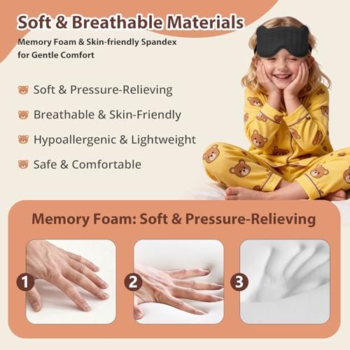 Kinder Schlafmaske, 3D Schlafaugenmaske für Kinder mit verstellbarem elastischen Band, Bärenform Augenabdeckung mit Memory-Schaum, weich & lichtblockierend, Geschenk für Jungen Mädchen Teenager Alter 5–15 (Schwarz)