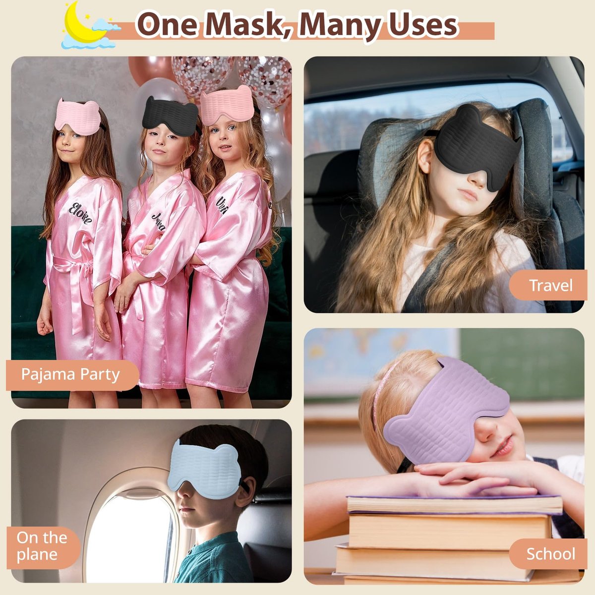 Kinder Schlafmaske, 3D Schlafaugenmaske für Kinder mit verstellbarem elastischen Band, Bärenform Augenabdeckung mit Memory-Schaum, weich & lichtblockierend, Geschenk für Jungen Mädchen Teenager Alter 5–15 (Schwarz)