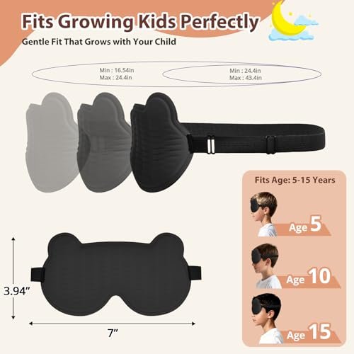 Kinder Schlafmaske, 3D Schlafaugenmaske für Kinder mit verstellbarem elastischen Band, Bärenform Augenabdeckung mit Memory-Schaum, weich & lichtblockierend, Geschenk für Jungen Mädchen Teenager Alter 5–15 (Schwarz)