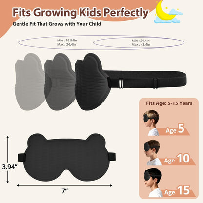 Kinder Schlafmaske, 3D Schlafaugenmaske für Kinder mit verstellbarem elastischen Band, Bärenform Augenabdeckung mit Memory-Schaum, weich & lichtblockierend, Geschenk für Jungen Mädchen Teenager Alter 5–15 (Schwarz)