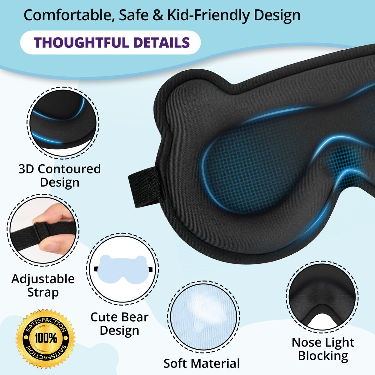 Kinder Schlafmaske, 3D Schlafaugenmaske für Kinder mit verstellbarem elastischem Band, Bärenförmige Augenabdeckung mit Memory-Schaum, Weich & Lichtblockierend, Geschenk für Jungen Mädchen Teenager Alter 5–15 (Blau)