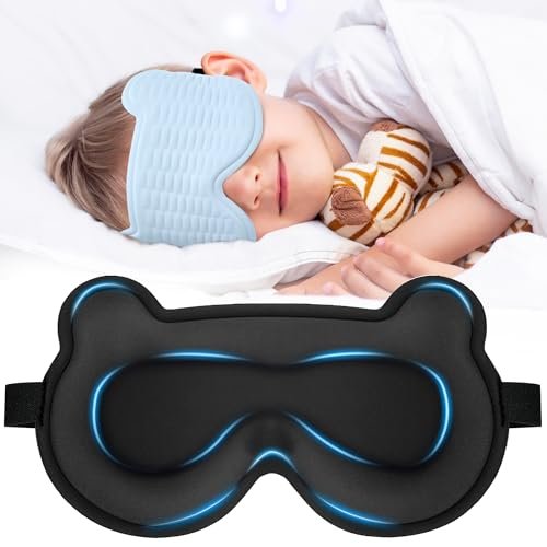 Kinder Schlafmaske, 3D Schlafaugenmaske für Kinder mit verstellbarem elastischem Band, Bärenförmige Augenabdeckung mit Memory-Schaum, Weich & Lichtblockierend, Geschenk für Jungen Mädchen Teenager Alter 5–15 (Blau)