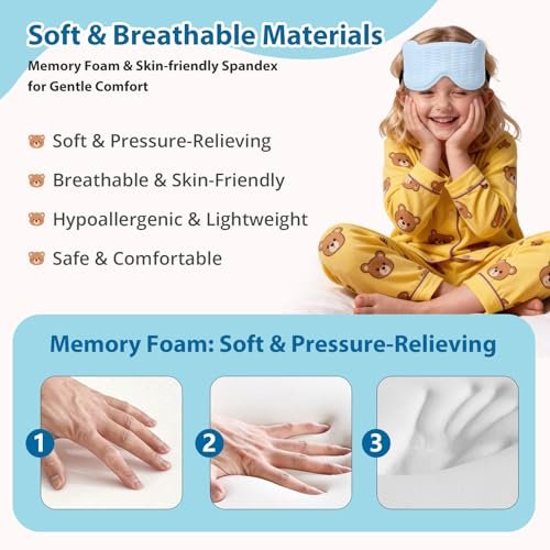 Kinder Schlafmaske, 3D Schlafaugenmaske für Kinder mit verstellbarem elastischem Band, Bärenförmige Augenabdeckung mit Memory-Schaum, Weich & Lichtblockierend, Geschenk für Jungen Mädchen Teenager Alter 5–15 (Blau)