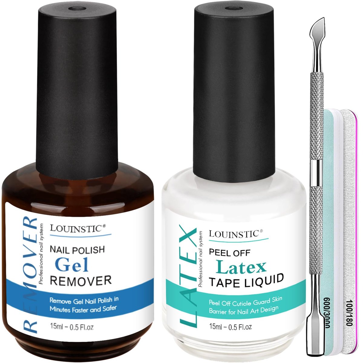 LOUINSTIC Gel-Nagellackentferner & Flüssiglatex für Nägel: Schützende Hautbarriere, entfernt Nagellack in 2-5 Minuten, geringe Reizung, kein Rückstand, kein Folie benötigt, mit Maniküre-Werkzeugen