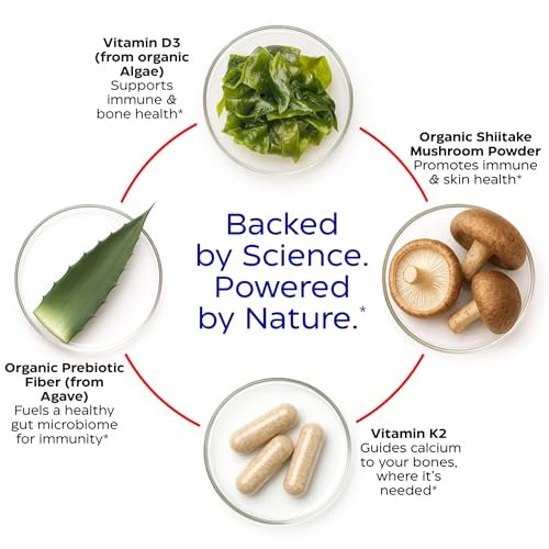Enzymedica Vitamin D3 + K2 Kapseln – 5000 IE D3 & 90 mcg K2 MK-7 für Immunsystem & Knochengesundheit – mit Shiitake-Pilzen & Präbiotika – Vegan – 30 Kapseln