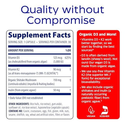 Enzymedica Vitamin D3 + K2 Kapseln – 5000 IE D3 & 90 mcg K2 MK-7 für Immunsystem & Knochengesundheit – mit Shiitake-Pilzen & Präbiotika – Vegan – 30 Kapseln