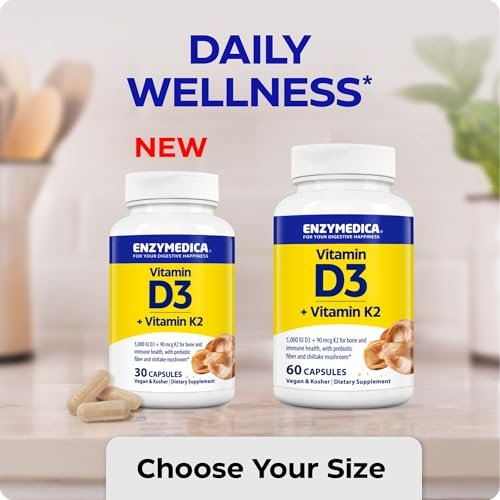 Enzymedica Vitamin D3 + K2 Kapseln – 5000 IE D3 & 90 mcg K2 MK-7 für Immunsystem & Knochengesundheit – mit Shiitake-Pilzen & Präbiotika – Vegan – 30 Kapseln