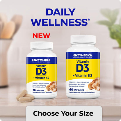 Enzymedica Vitamin D3 + K2 Kapseln – 5000 IE D3 & 90 mcg K2 MK-7 für Immunsystem & Knochengesundheit – mit Shiitake-Pilzen & Präbiotika – Vegan – 30 Kapseln