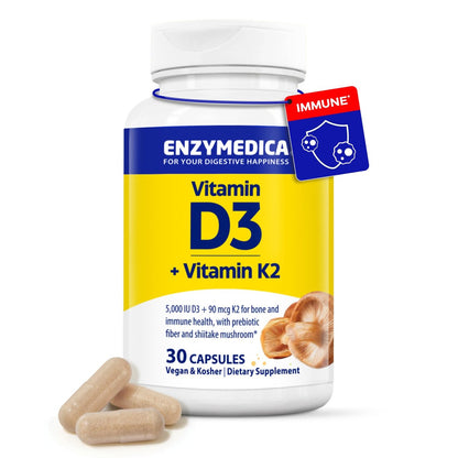 Enzymedica Vitamin D3 + K2 Kapseln – 5000 IE D3 & 90 mcg K2 MK-7 für Immunsystem & Knochengesundheit – mit Shiitake-Pilzen & Präbiotika – Vegan – 30 Kapseln