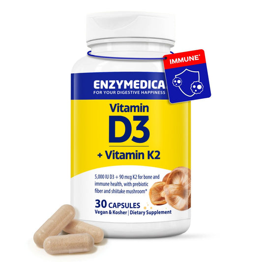 Enzymedica Vitamin D3 + K2 Kapseln – 5000 IE D3 & 90 mcg K2 MK-7 für Immunsystem & Knochengesundheit – mit Shiitake-Pilzen & Präbiotika – Vegan – 30 Kapseln
