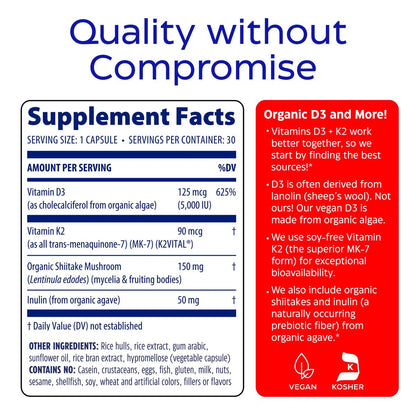 Enzymedica Vitamin D3 + K2 Kapseln – 5000 IE D3 & 90 mcg K2 MK-7 für Immunsystem & Knochengesundheit – mit Shiitake-Pilzen & Präbiotika – Vegan – 30 Kapseln