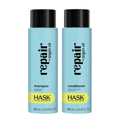 HASK Repair + Argan Oil Shampoo und Conditioner Set | Farbsicher, Sulfatfrei, Parabenfrei, Glutenfrei, Tierversuchsfrei | 2 x 473 ml