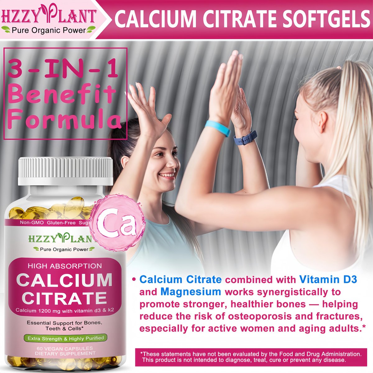 Calcium Komplex für Frauen – Hochdosiertes Calciumcitrat 1200 mg mit Vitamin D3 & Magnesium für starke Knochen, 2-Monats-Vorrat, 60 Softgels