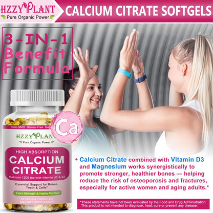 Calcium Komplex für Frauen – Hochdosiertes Calciumcitrat 1200 mg mit Vitamin D3 & Magnesium für starke Knochen, 2-Monats-Vorrat, 60 Softgels
