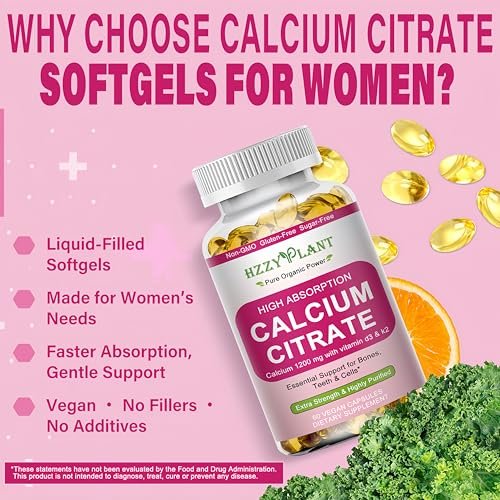 Calcium Komplex für Frauen – Hochdosiertes Calciumcitrat 1200 mg mit Vitamin D3 & Magnesium für starke Knochen, 2-Monats-Vorrat, 60 Softgels