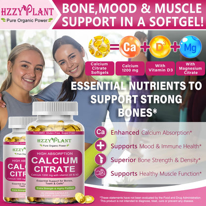 Calcium Komplex für Frauen – Hochdosiertes Calciumcitrat 1200 mg mit Vitamin D3 & Magnesium für starke Knochen, 2-Monats-Vorrat, 60 Softgels