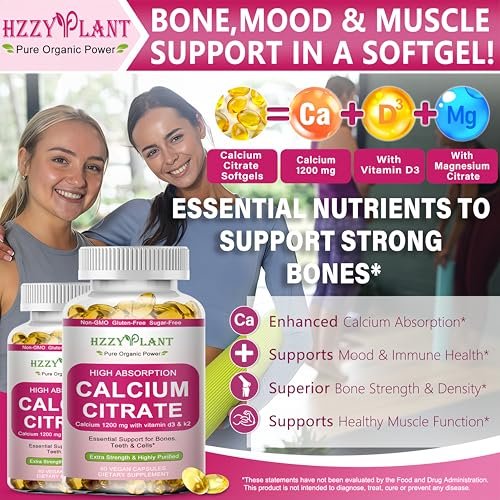 Calcium Komplex für Frauen – Hochdosiertes Calciumcitrat 1200 mg mit Vitamin D3 & Magnesium für starke Knochen, 2-Monats-Vorrat, 60 Softgels