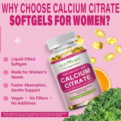 Calcium Komplex für Frauen – Hochdosiertes Calciumcitrat 1200 mg mit Vitamin D3 & Magnesium für starke Knochen, 2-Monats-Vorrat, 60 Softgels