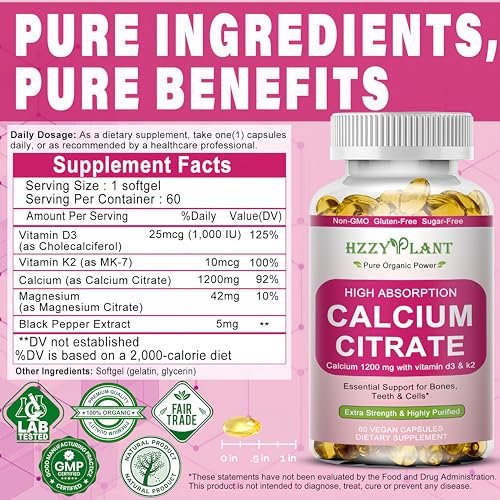 Calcium Komplex für Frauen – Hochdosiertes Calciumcitrat 1200 mg mit Vitamin D3 & Magnesium für starke Knochen, 2-Monats-Vorrat, 60 Softgels