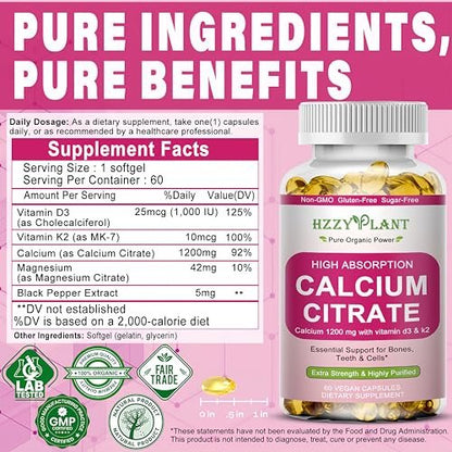 Calcium Komplex für Frauen – Hochdosiertes Calciumcitrat 1200 mg mit Vitamin D3 & Magnesium für starke Knochen, 2-Monats-Vorrat, 60 Softgels