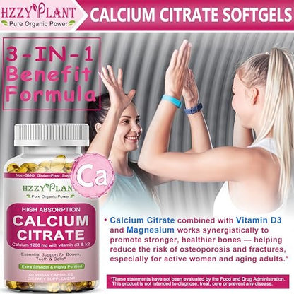 Calcium Komplex für Frauen – Hochdosiertes Calciumcitrat 1200 mg mit Vitamin D3 & Magnesium für starke Knochen, 2-Monats-Vorrat, 60 Softgels