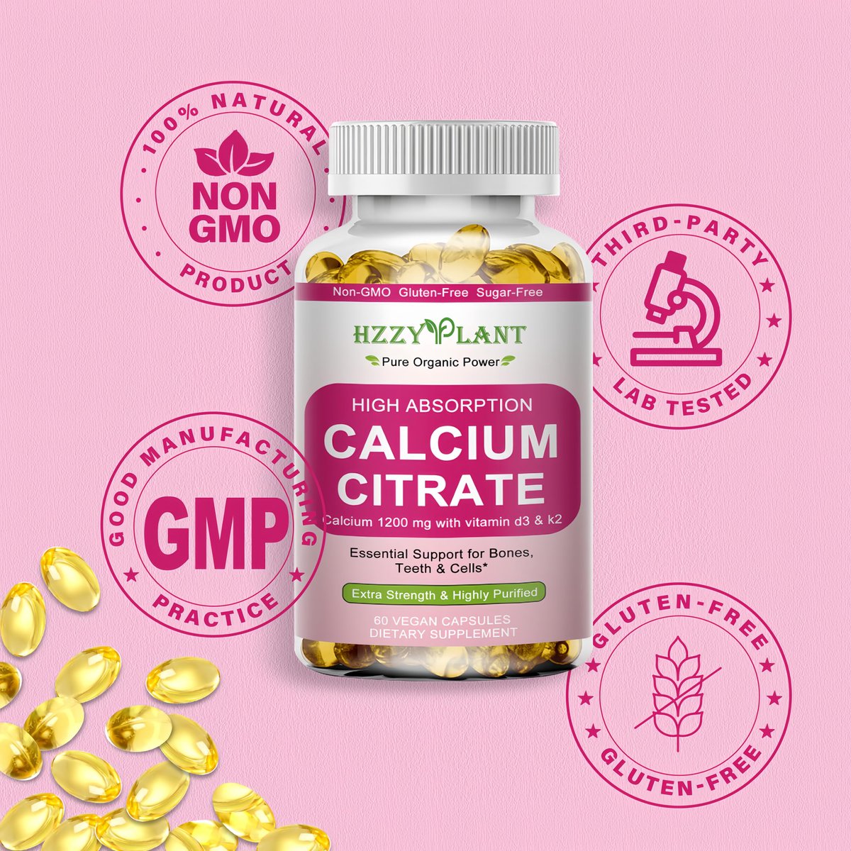 Calcium Komplex für Frauen – Hochdosiertes Calciumcitrat 1200 mg mit Vitamin D3 & Magnesium für starke Knochen, 2-Monats-Vorrat, 60 Softgels