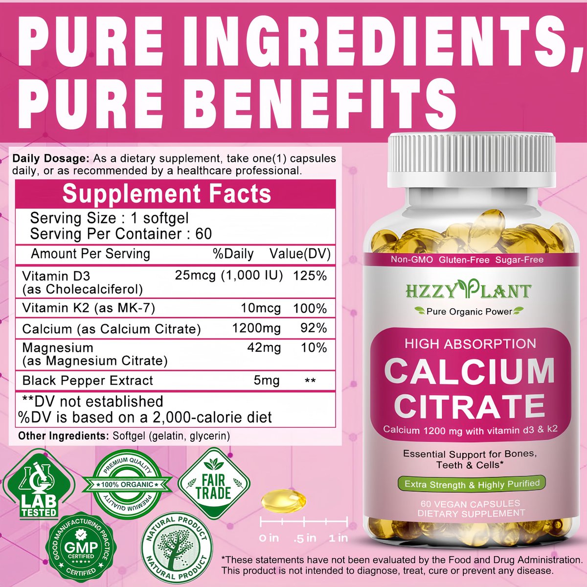 Calcium Komplex für Frauen – Hochdosiertes Calciumcitrat 1200 mg mit Vitamin D3 & Magnesium für starke Knochen, 2-Monats-Vorrat, 60 Softgels