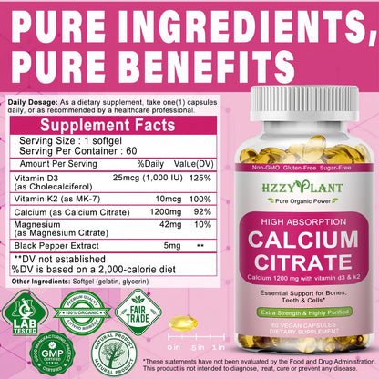 Calcium Komplex für Frauen – Hochdosiertes Calciumcitrat 1200 mg mit Vitamin D3 & Magnesium für starke Knochen, 2-Monats-Vorrat, 60 Softgels