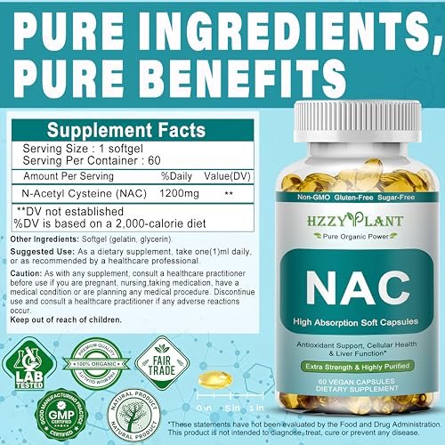NAC Nahrungsergänzung - NAC Softgel-Kapseln für Antioxidans, Immunsystem, Atemwege, Lebergesundheit - Hochabsorbierbares NAC N-Acetylcystein 1200mg - Non-GMO, Glutenfrei, Vegan - 2-Monatsvorrat