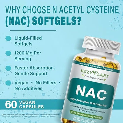 NAC Nahrungsergänzung - NAC Softgel-Kapseln für Antioxidans, Immunsystem, Atemwege, Lebergesundheit - Hochabsorbierbares NAC N-Acetylcystein 1200mg - Non-GMO, Glutenfrei, Vegan - 2-Monatsvorrat