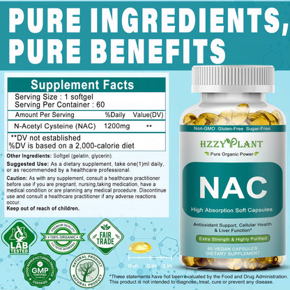 NAC Nahrungsergänzung - NAC Softgel-Kapseln für Antioxidans, Immunsystem, Atemwege, Lebergesundheit - Hochabsorbierbares NAC N-Acetylcystein 1200mg - Non-GMO, Glutenfrei, Vegan - 2-Monatsvorrat