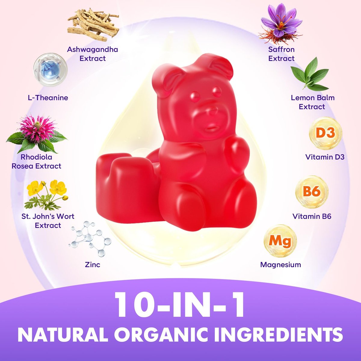softbear Bio Safran Gummis für Kinder & Erwachsene - 10-in-1 Safran Extrakt mit 88,5mg - Zuckerfrei, Nicht-GVO, Erdbeergeschmack - 60 Stück