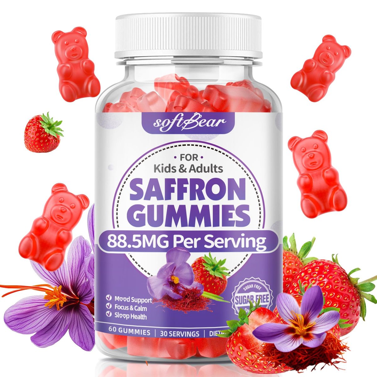 softbear Bio Safran Gummis für Kinder & Erwachsene - 10-in-1 Safran Extrakt mit 88,5mg - Zuckerfrei, Nicht-GVO, Erdbeergeschmack - 60 Stück