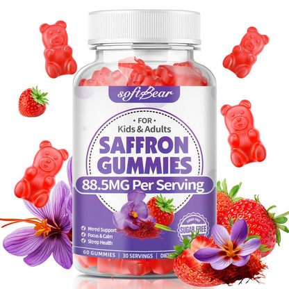 softbear Bio Safran Gummis für Kinder & Erwachsene - 10-in-1 Safran Extrakt mit 88,5mg - Zuckerfrei, Nicht-GVO, Erdbeergeschmack - 60 Stück
