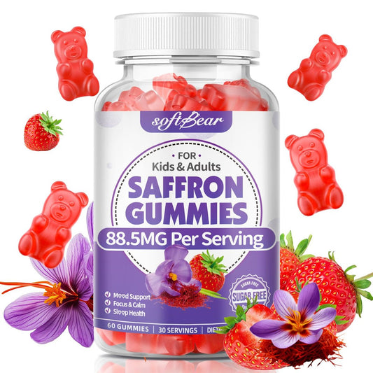 softbear Bio Safran Gummis für Kinder & Erwachsene - 10-in-1 Safran Extrakt mit 88,5mg - Zuckerfrei, Nicht-GVO, Erdbeergeschmack - 60 Stück