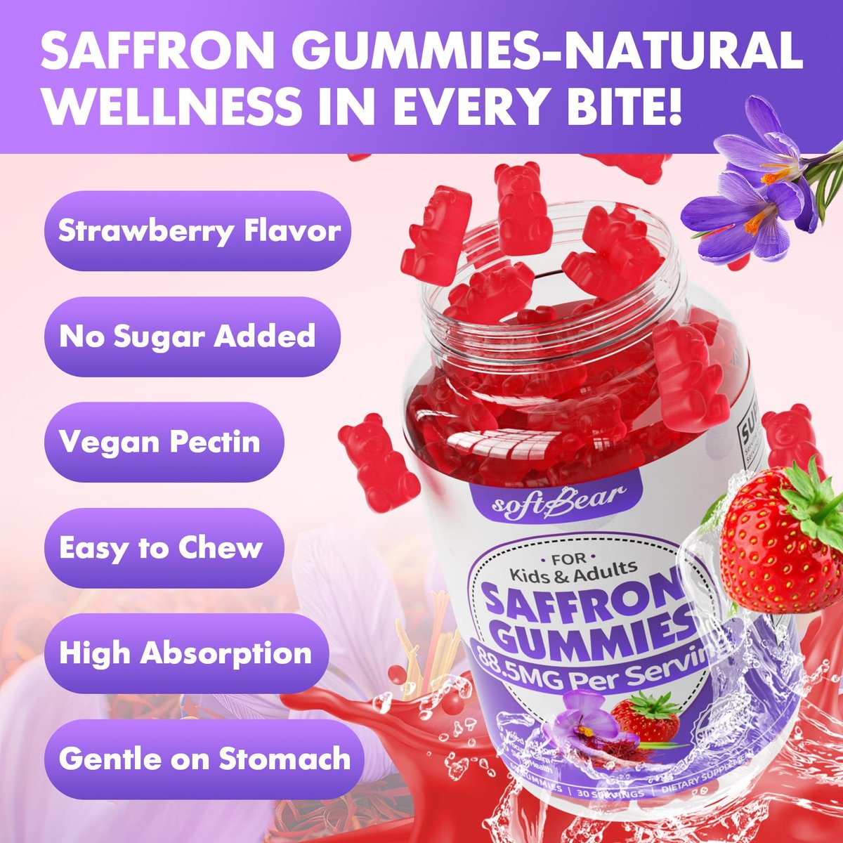 softbear Bio Safran Gummis für Kinder & Erwachsene - 10-in-1 Safran Extrakt mit 88,5mg - Zuckerfrei, Nicht-GVO, Erdbeergeschmack - 60 Stück