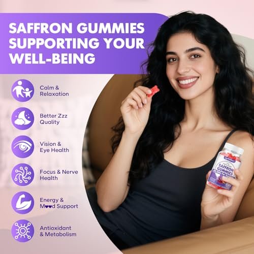 softbear Bio Safran Gummis für Kinder & Erwachsene - 10-in-1 Safran Extrakt mit 88,5mg - Zuckerfrei, Nicht-GVO, Erdbeergeschmack - 60 Stück
