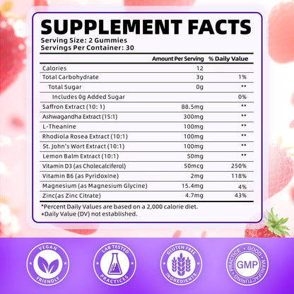 softbear Bio Safran Gummis für Kinder & Erwachsene - 10-in-1 Safran Extrakt mit 88,5mg - Zuckerfrei, Nicht-GVO, Erdbeergeschmack - 60 Stück