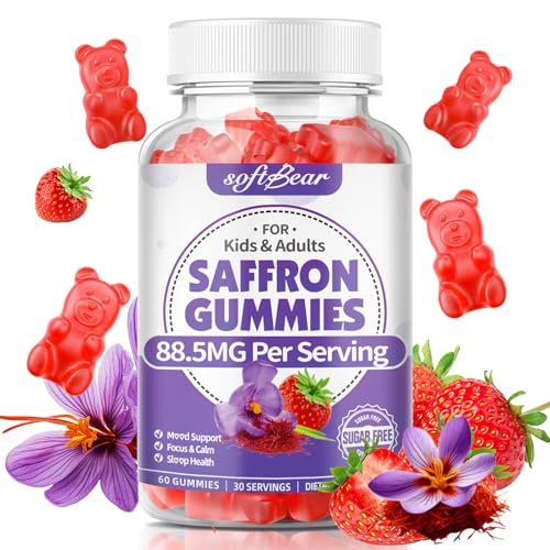 softbear Bio Safran Gummis für Kinder & Erwachsene - 10-in-1 Safran Extrakt mit 88,5mg - Zuckerfrei, Nicht-GVO, Erdbeergeschmack - 60 Stück